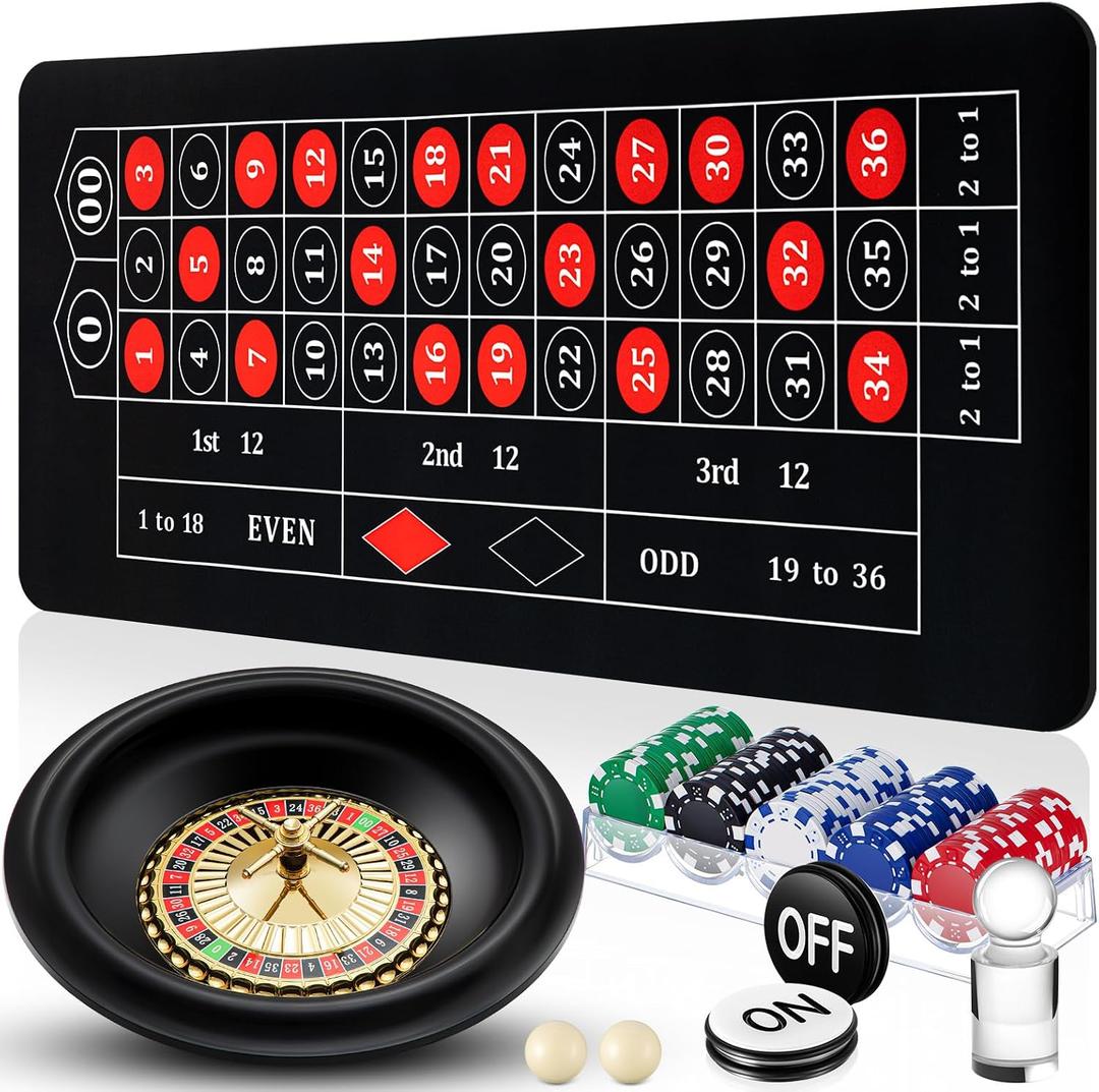Lunmon Roulette Wheel Game Set Include 16'' Black Roulette Wheel 35" x 16" Rubber Tabletop Layout Mat, 100 Chips Dealer Button Win Marker Casino Game Sets Gift Ideas(Black)