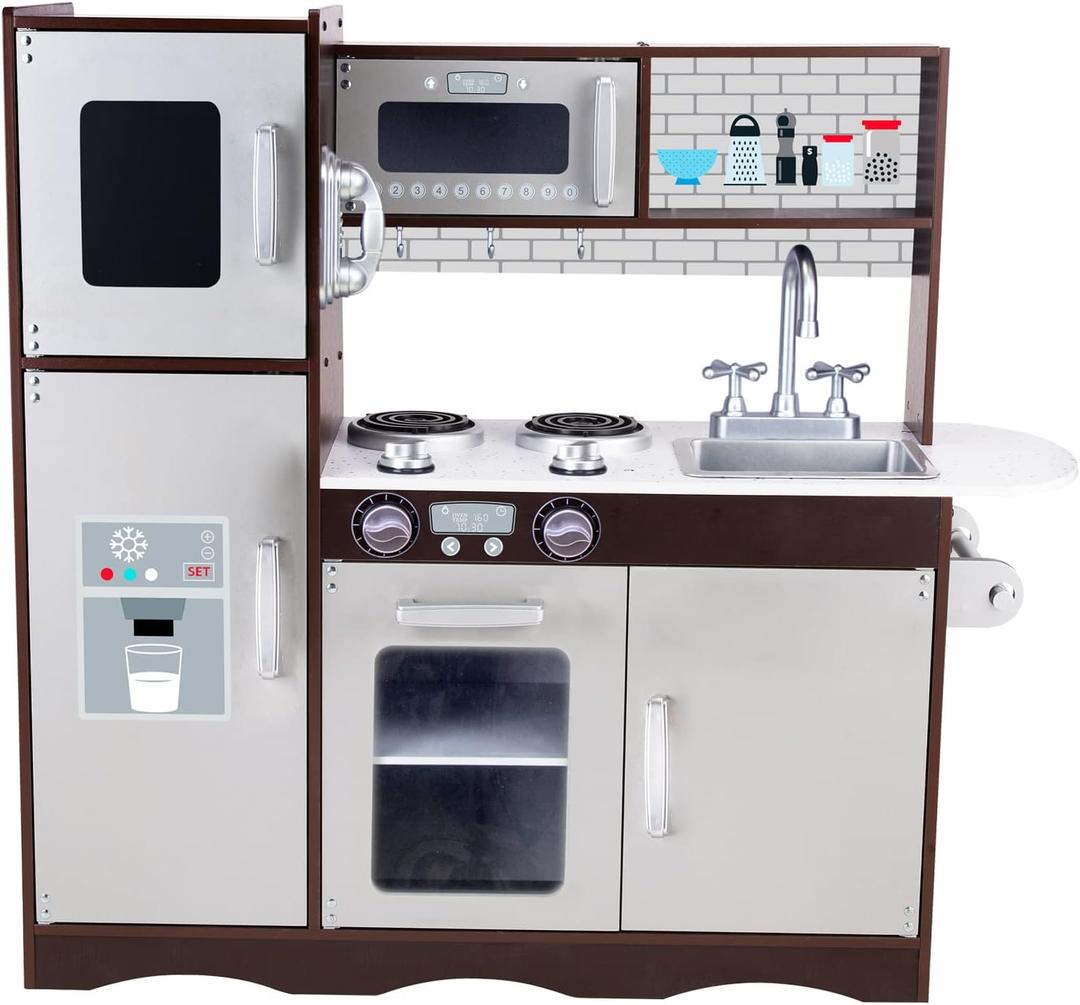 Kitchen Playset for Kids Ages 3-8, Wooden Pretend Play Kitchen with Realistic Sounds, Including Telephone, Ice Maker, Refrigerator, Dimensions: 35 H x 31 W x 12 D (Black)