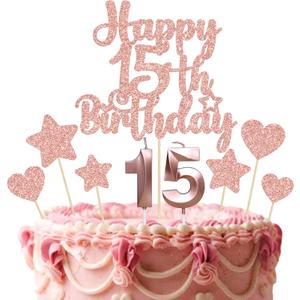 Gyufise 15Pcs Happy 15th Birthday Cake Topper Set with Heart Star Glitter Cheers to 15 Years Cake Picks Number 15 Candles Cake Decorations for Happy 15th Birthday Anniversary Party Supplies Rose Gold
