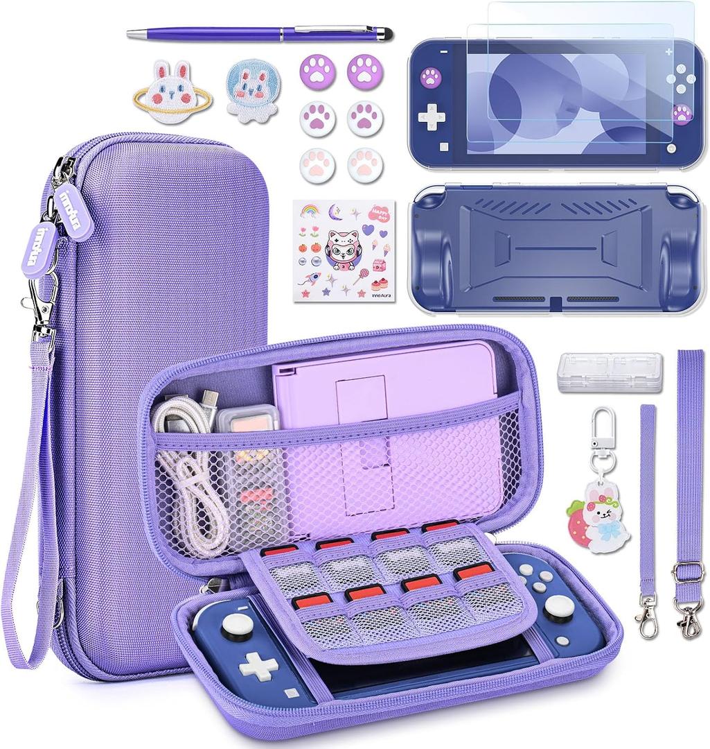 innoAura Switch Lite Case 18-in-1 Accessories Bundle for NS Switch Lite (2019), with Protective Carrying Case, Game Holder, Screen Protector & Cute Thumb Grips, Purple
