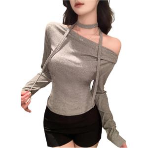 SHENHE Women's Off Shoulder Long Sleeve Top with Scarf Casual Fitted Going Out Tee Shirt (Gray, M)