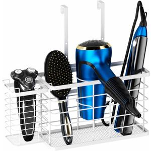 Hair Tool Organizer, Dryer Holder, 3 in 1 Blow Bathroom Organizer Wall Mounted/Cabinet Door for Flat Iron, Curling Straightener, Care & Styling Tools Storage Basket (White)