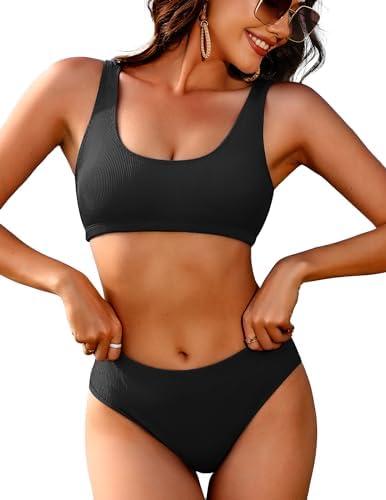 AI'MAGE Women Ribbed Bikini Sets Sporty Swimsuits Scoop Neck Two Piece Bathing Suits High Cut Bikini, Size: M