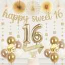 Vlipoeasn Champagne Gold Sweet 16 Birthday Party Decorations for Girls | Glitter Happy Sweet 16 Banner, Number 16 Garland Streamer Bunting, Sash, Foil Balloons & Cake Topper for 16th Birthday
