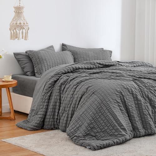 Love's Cabin Seersucker Dark Grey Queen Comforter Set, 3 Pieces, All-Season Bedding Set, Queen Bed in a Bag With Comforter, Flat Sheet, Fitted Sheet, Pillowcase, And Pillow Sham