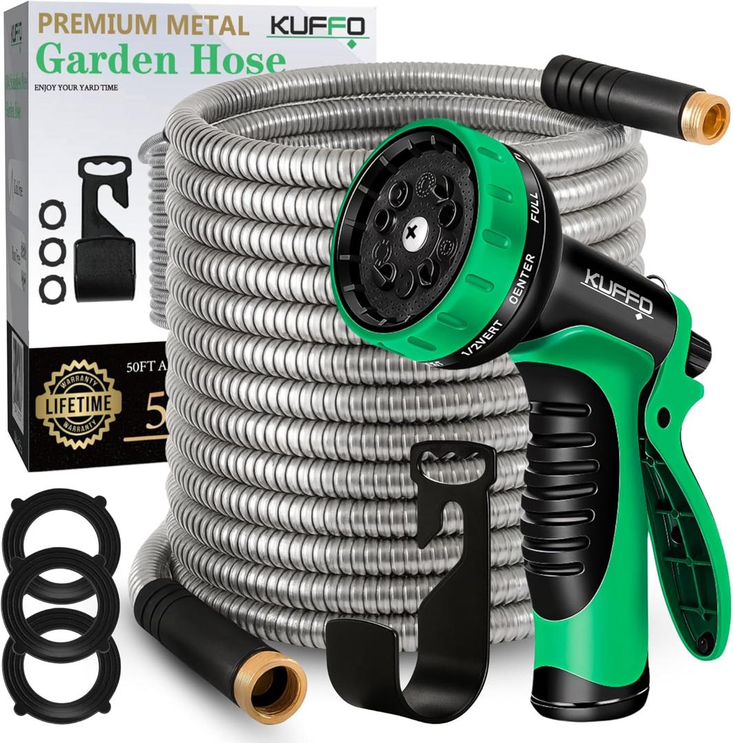 KUFFO Metal Garden Hose 50 ft - Heavy Duty Stainless Steel 304 Water Hose with 10 Function Nozzle - Flexible, Lightweight, Puncture-Resistant, No-Kink Outdoor Metal Hose for Yard, Gardening, Patio, RV