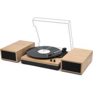 LP&No.1 Vinyl Record Player with Stereo Bookshelf Speakers, 3-Speed Belt-Drive Turntable for Vinyl Albums with Wireless Music Playback, Built-in Pre-Amplifier & Auto Stop | Beige Wood