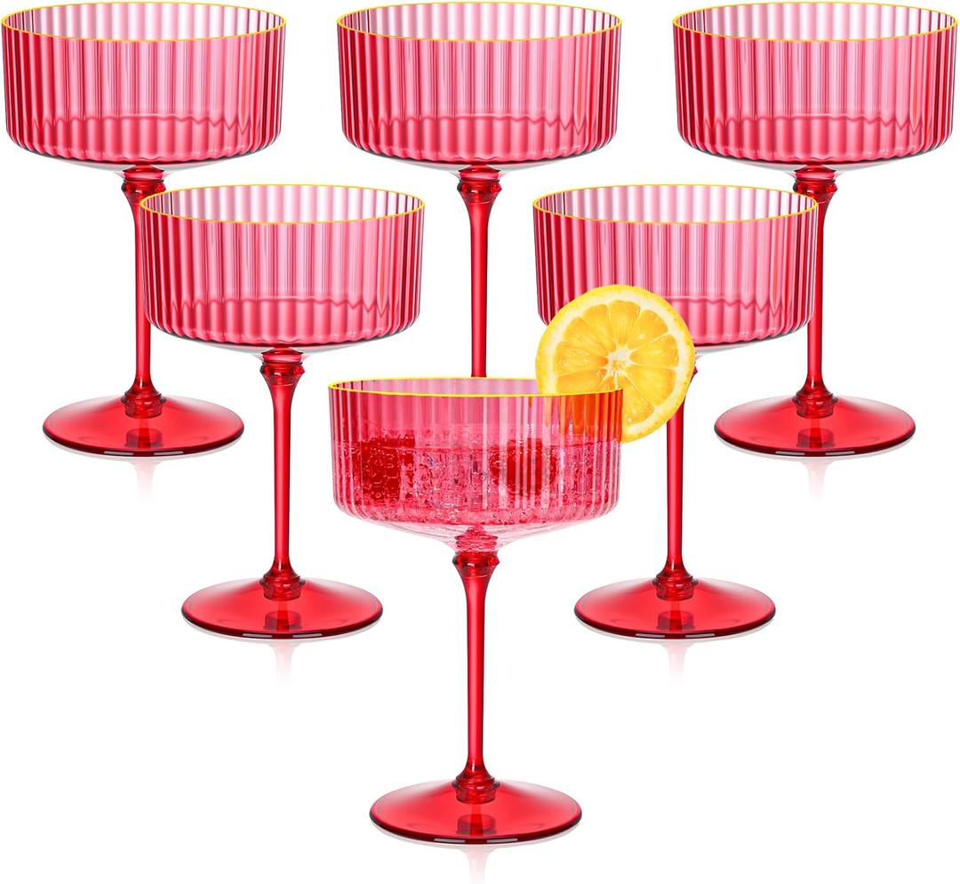 12 PCS Plastic Martini Glasses 10 oz Detachable Gold Rim Red Ribbed Coupe Glasses Vintage Christmas Martini Cocktail Glass for Bar,Margarita,Gin,Tequila, Desserts and Snacks