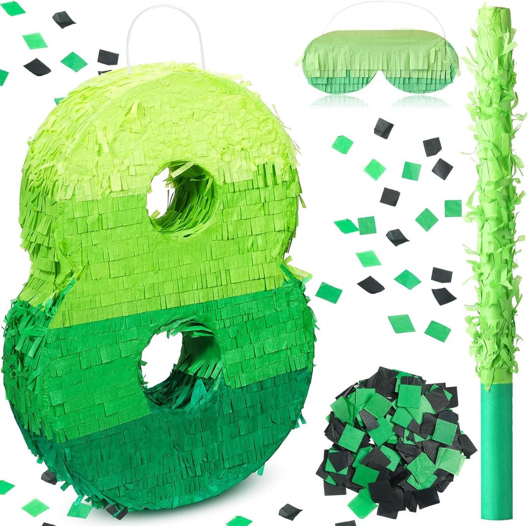 WinnerWhy Number Piata Decorations 16 Inch Gradient Green Piata with Blindfold Stick and Confetti for Birthday Baby Shower Safari Jungle Themed Party Supplies Centerpiece(Number 8)