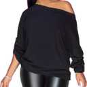 PESION Womens Off The Shoulder Tops Sexy Shiny Metallic Shirts Long Sleeves Fashion Graphic T-Shirts Blouses (Black, XXL)
