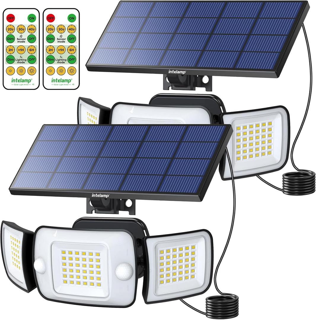 intelamp Solar Lights Outdoor, 3 Head Solar Motion Sensor Lights for Outside, lP65 Waterproof,Separate Panel with 9FT Cable Remote Control Flood Lights