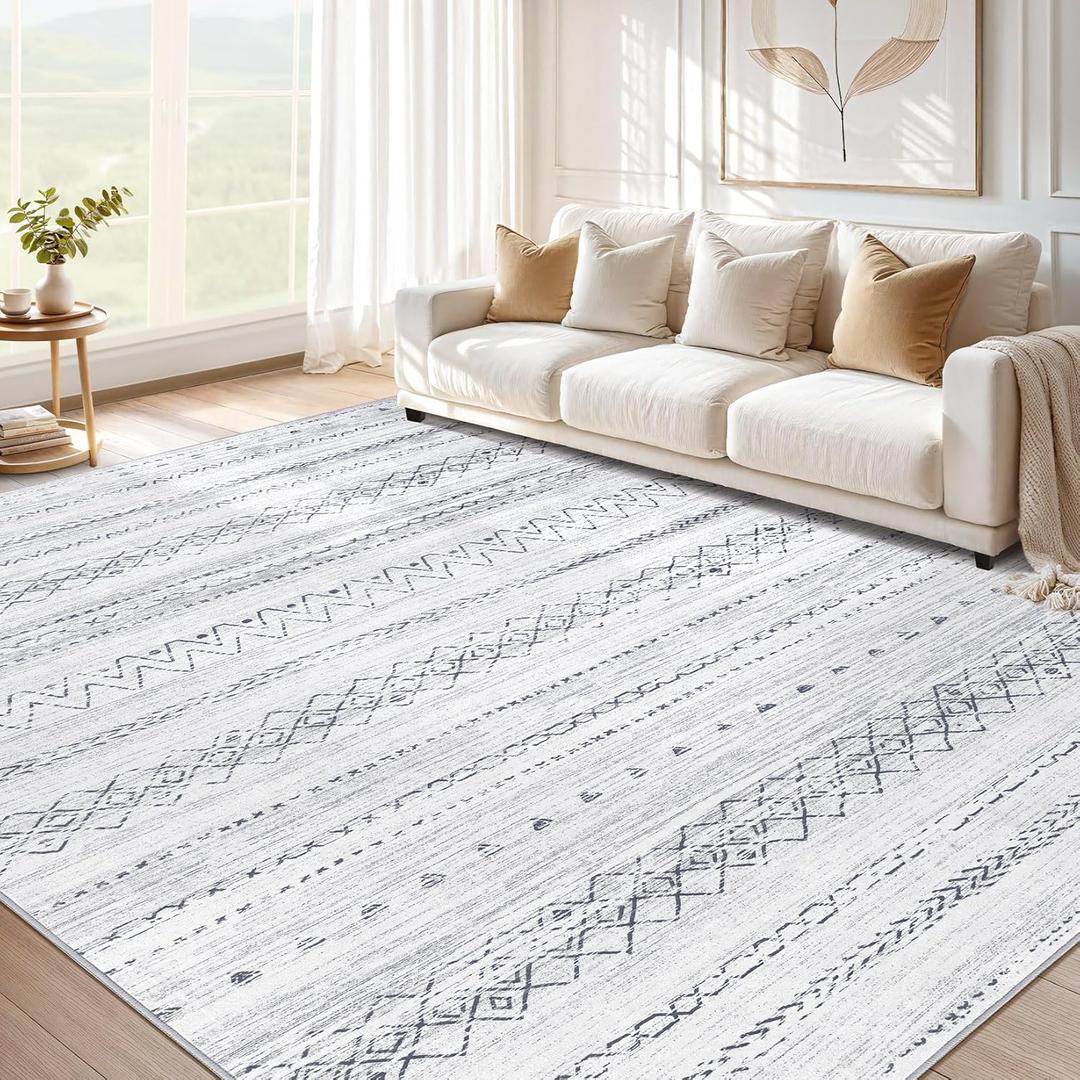 Large Living Room Area Rug 8x10: Soft Machine Washable Boho Moroccan Farmhouse Rugs for Bedroom Under Dining Table - Non-Slip Neutral Morden Indoor Floor Rug Carpet for Home Office Decor - Grey