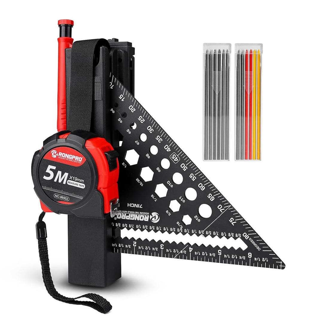 7In Rafter Square with Square Holder, Square Master, Rafter Square Holster for Tool Belt, Woodworking Pencil and Tape Measure, Carpenter Square Tools Set for Woodworking