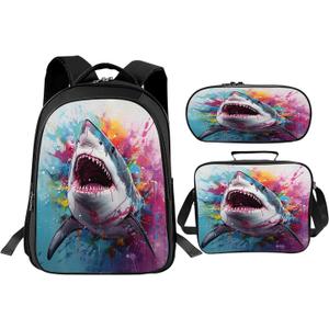 Shark School Backpack for Teens Kids Kindergarten Elementary Middle School Ocean 3-Pcs Bookbag, Shark Back Pack for Boys Girls Children Animal Book Bag, Small Modern Bag, One Size