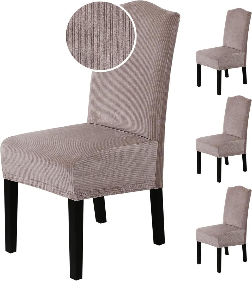 H.VERSAILTEX Dining Chair Covers Stretch for Dining Room Set of 4 Parson Chair Slipcovers Protectors, Soft Thick Solid Velvet Fabric Washable, Taupe