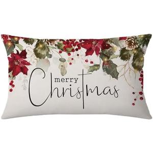AOFANGGO Christmas Pillow Cover 12x20 inch Merry Xmas Throw Pillow Poinsettia Holly Holiday Decorations Farmhouse Rustic Xmas Cushion Cover for Bed Chair Sofa Couch