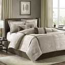 Madison Park Cozy Comforter Set Casual Blocks Design All Season, Matching Bed Skirt, Decorative Pillows, Queen(90"x90"), Dallas Corduroy, Taupe Brown, 7 Piece