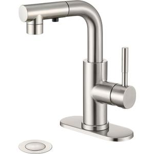 Ultimate Unicorn Brushed Nickel Single Handle Modern Bathroom Faucet with Pull Out Sprayer, 15.5" Retractable Hose, 360 Swivel Spout, Pop Up Drain, Stainless Steel, 1 Hole Installation