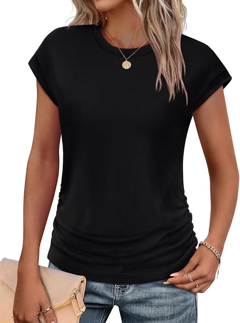 SAMPEEL Womens Summer Tops Trendy 2025 Ruched Cap Short Sleeve Tshirts Shirts Crew Neck T Shirts Fashion (Medium, All Black)