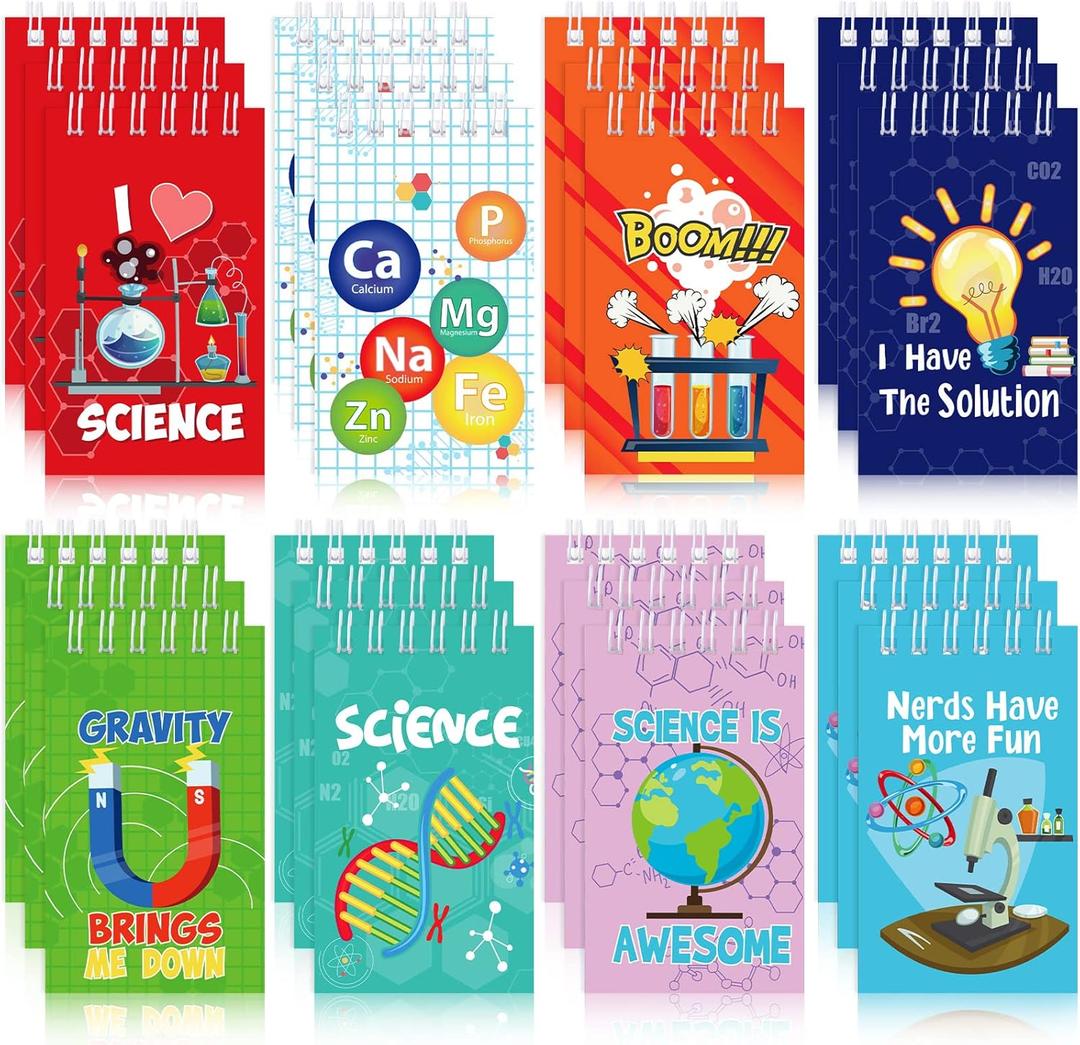 Teling 24 Pcs Science Party Favors Science Notebooks Bulk Mini Scientist Notepad Small Spiral Pocket Notebook for Student Back to School Gifts Lab Week Chemistry Class Reward Birthday Gift Bag Filler