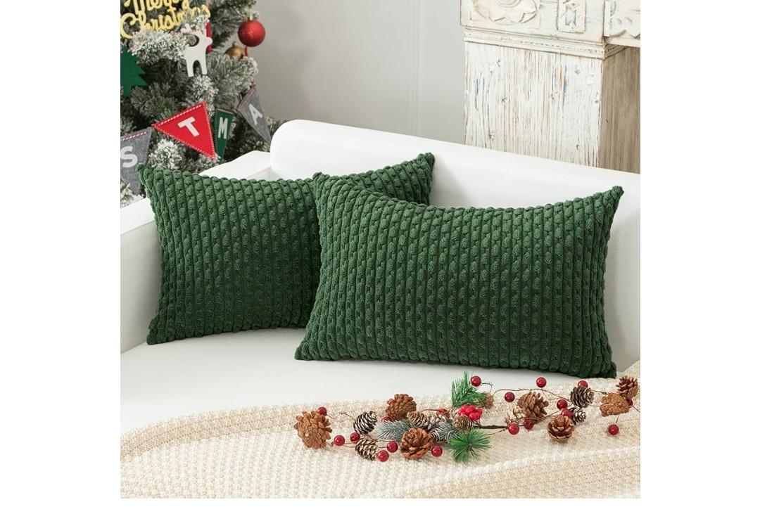 Kevin Textile Christmas Throw Pillow Covers 12x20 inch Soft Striped Decorative Cushion Cases with Hidden Zipper for Couch Sofa Bed 2 Pieces Dark Green