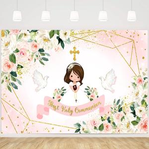 MEHOFOND First Holy Communion Backdrop God Bless Girls Baptism Party Decorations Christening Ceremony Photography Background Pink Floral Mi Bautizo Favors Supplies Photo Shoot Props