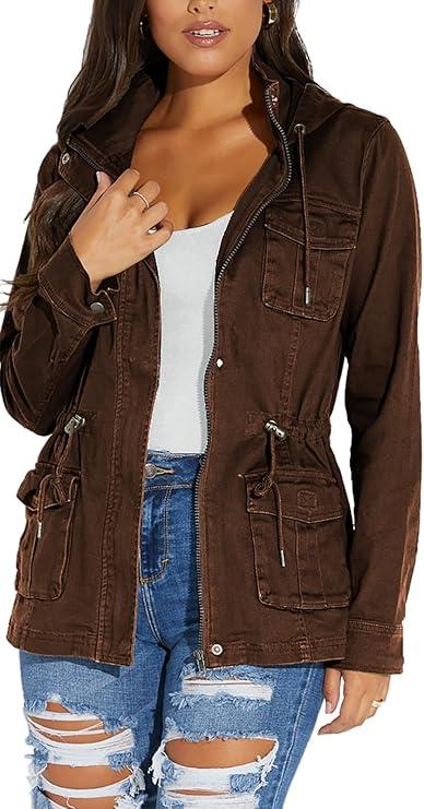 sexycherry Casual Jackets for Women Long Sleeve Lightweight Outwear Bomber Coats with Pockets, L, Brown 