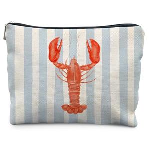 KBRCT Beach Red Lobster Makeup Bag for Women, Lobster Gifts, Coastal Ocean Beachy Nautical Cosmetic Bag for Purse, Blue and White Striped Crawfish Makeup Zipper Pouch