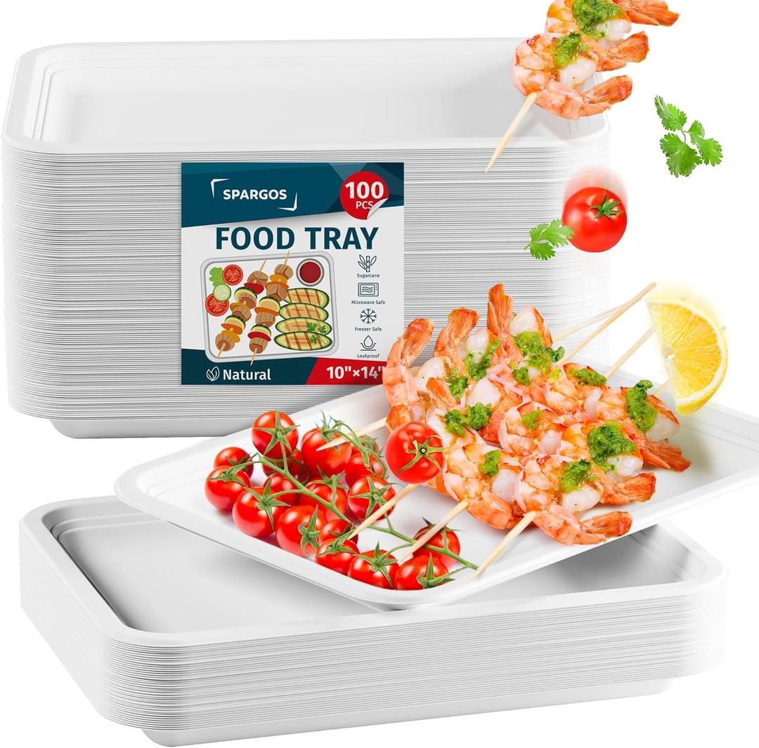 100 Pack 14 Inch Heavy Duty Disposable Food Trays Compostable Large Paper Plates Tray Set Natural Material Biodegradable for Party Serving Crawfish Lobster Crab BBQ Holiday Feast Seafood Supplies