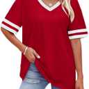 WIHOLL Womens T Shirts Loose Fit Short Sleeve Tees V Neck Color Block Summer Tops 2026 Fashion 4XL