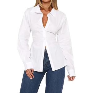 MISSACTIVER Women's Lapel Collar Button Down Shirt Cinch Waist Long Sleeve Casual Work Dressy Tunics Blouse Corset Tops White L