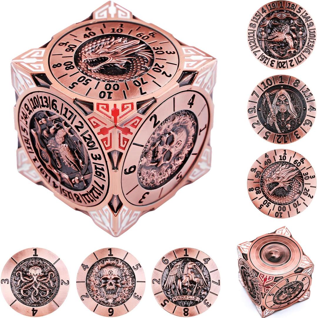 DND Spinner Dice, 7 in 1 Unique Metal Cube D&D Dice Set with 3D Relief for Dungeons and Dragons Gift, Cool Polyhedral Role Playing Game Dice, Fantasy Tabletop RPG Accessories (Copper)