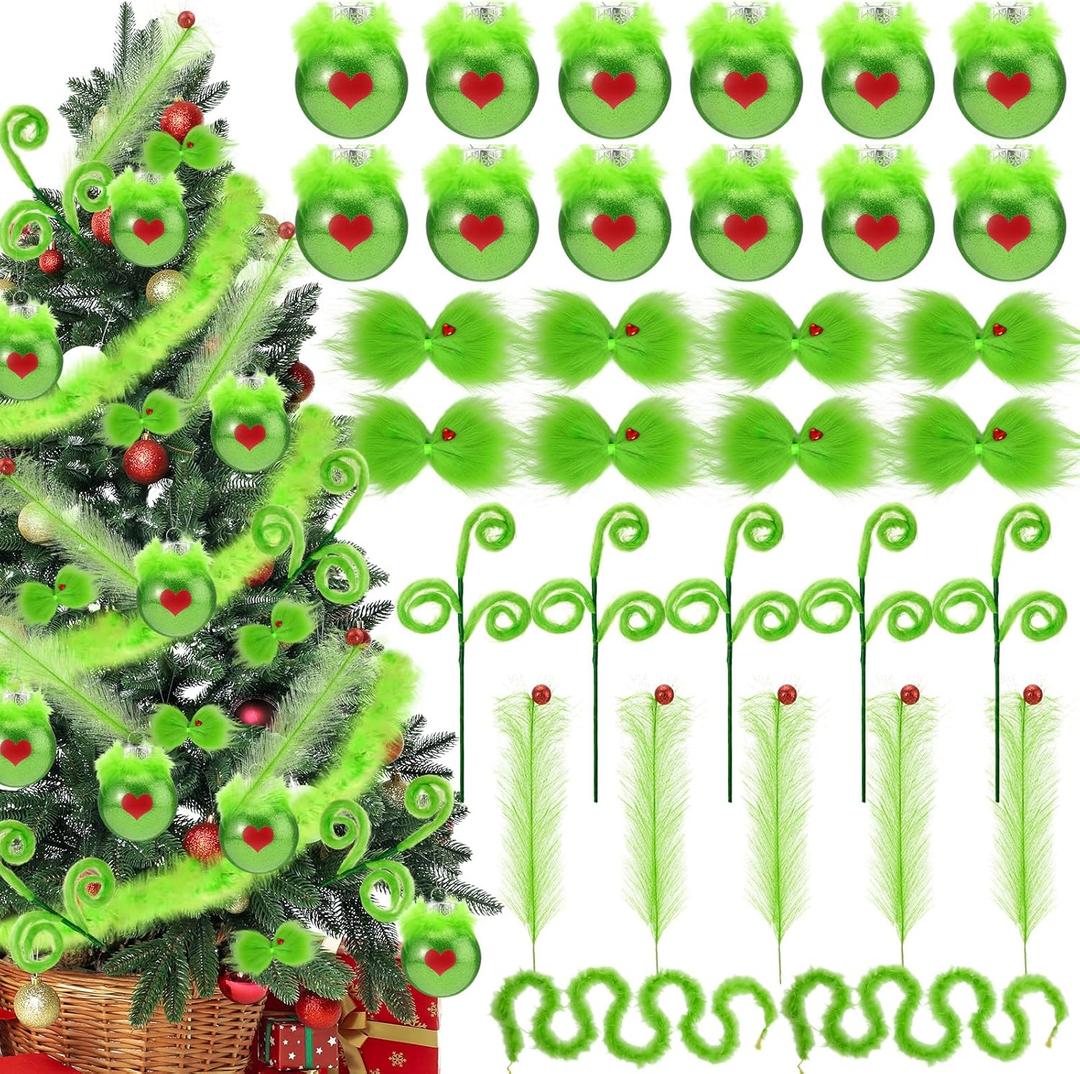 32 Pcs Red Lime Green Furry Christmas Tree Ornament Set Include Furry Christmas Ball Curly Picks Bow Feather Trim for Xmas Tree Garland Office Party Decorations(Glitter Style)