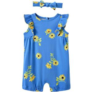 Baby Girl Romper 100% Cotton Breathable Soft with Headband, Sleeveless Summer Outfits for Newborn Infant 0-24 Months (Blue)