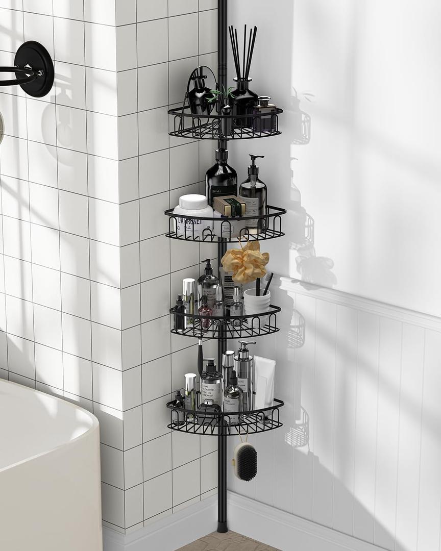 Corner Shower Caddy Tension Pole: Aluminum Shower Caddy Rod with Stainless Steel 4 Tier Adjustable Rustproof Shelves Organizer for Bathroom, 47-121 inch, No Drilling Quick Installation Heavy Duty (Black)