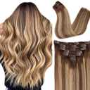 ORIGEN Clip in Hair Extensions Real Remy Human Hair Chocolate Brown to Caramel Blonde Highlights Straight Hair for Women 7pcs 120g 18 Inches ((4/27)/4)