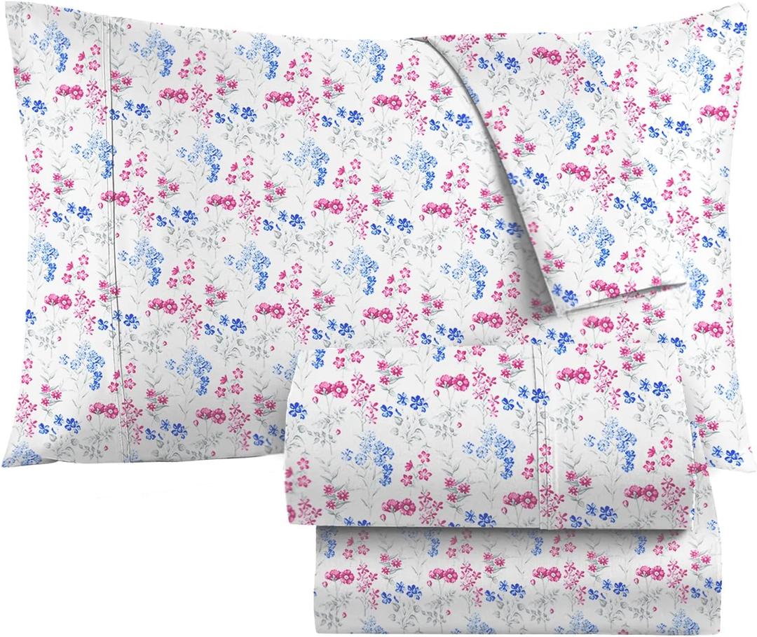 KACEMOO Floral Bed Sheets 4PC Printed Pink Flowers Sheet Set Cooling Soft Microfiber Boho Vintage Floral Sheets Queen Size Sheet Deep Pocket, Breathable, Wrinkle Free, Machine Washable Bedding Set