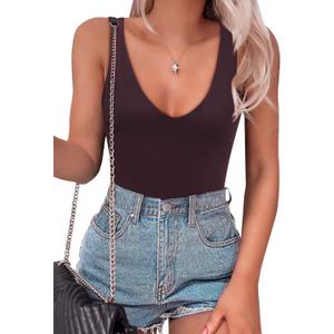 SAUNGKUAI Womens Bodysuit Sexy Plunge Deep V Neck Backless Sleeveless Tank Thong Body Suits Outfits for Going Out (Medium, Wine)