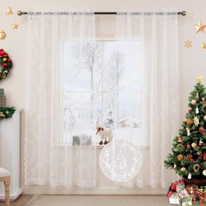 Sheer Lace Curtains for Living Room, Embroidery Weave Sheer Curtains for Holiday Window Decoration, Rod Pocket White Drapes, 2 Panels 52 x 72 Inch
