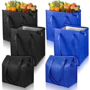simarro 6Pcs Reusable Insulated Grocery Bags, Heavy Duty Large Insulated Shopping Bags For Groceries 13 x 12 x 7 inches Blue Black Cooler Bag Thermal Totes with Zipper for Groceries & Food Delivery