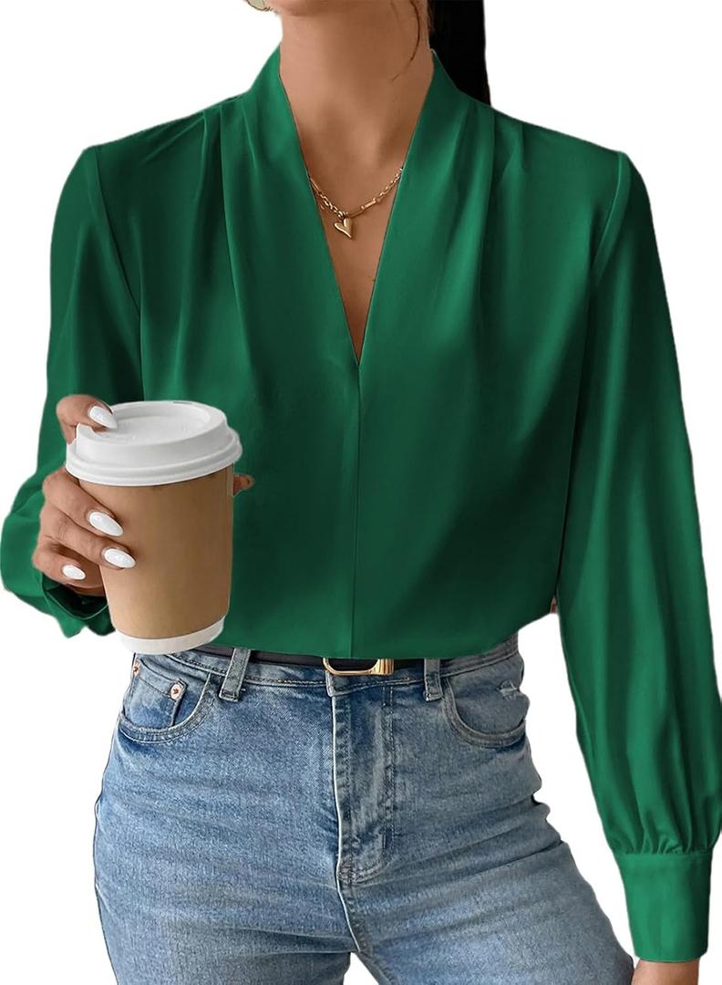 EVALESS Work Blouses for Women Long Sleeve Blouses Business Spring Top Womens V Neck Office Shirts (Medium)