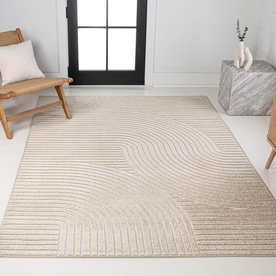 JONATHAN Y Hallie High-Low Curve Beige/Cream 8x10 Indoor/Outdoor Area Rug, Minimalist Geometric, Pet Friendly, for Patio, Backyard, Living Room, Bedroom, Office, Hose-Washable (SCN100D-8) (7'9" x 10' (Rectangular))