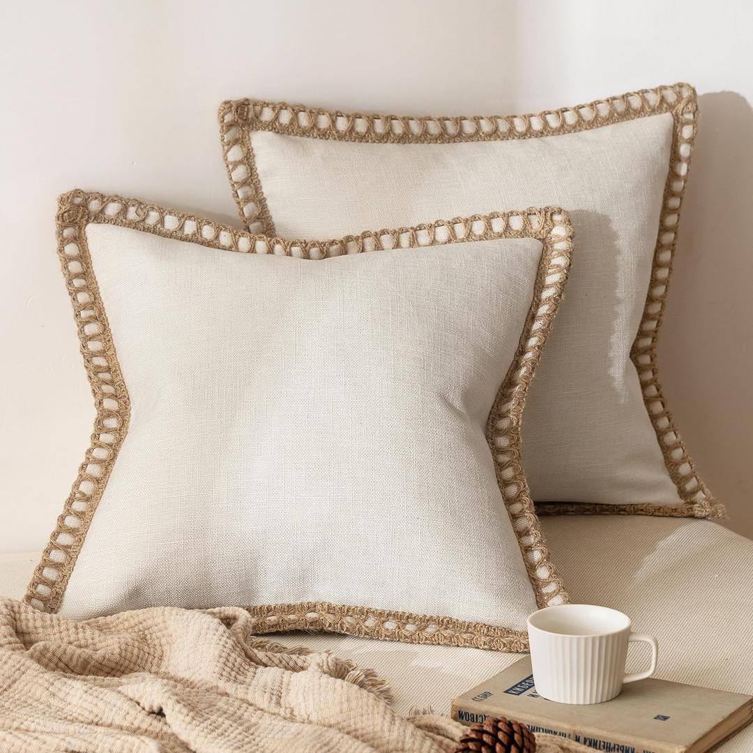 MIULEE Pack of 2 Decorative Throw Pillow Covers Modern Farmhouse Outdoor Pillow Covers Neutral Linen Burlap Cushions for Couch Bed Living Room Sofa, Natural White 18 x 18 inches 45 x 45 cm
