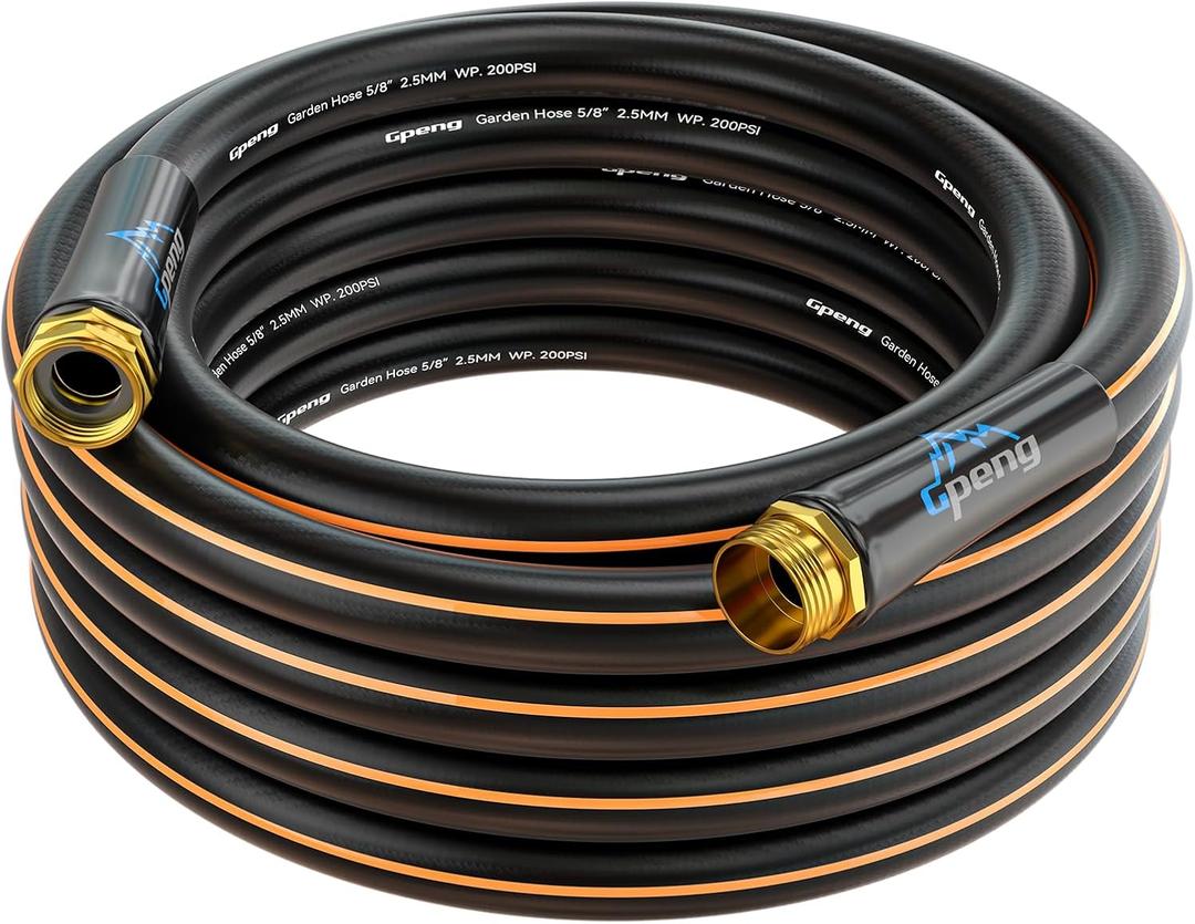 Heavy Duty Garden Hose, 25ft x 5/8" Water Hose, Flexible Hybrid Hose with 10-Pattern Spray Nozzle, Swivel Handle, Male to Female Fittings, Burst 600 PSI (Black)