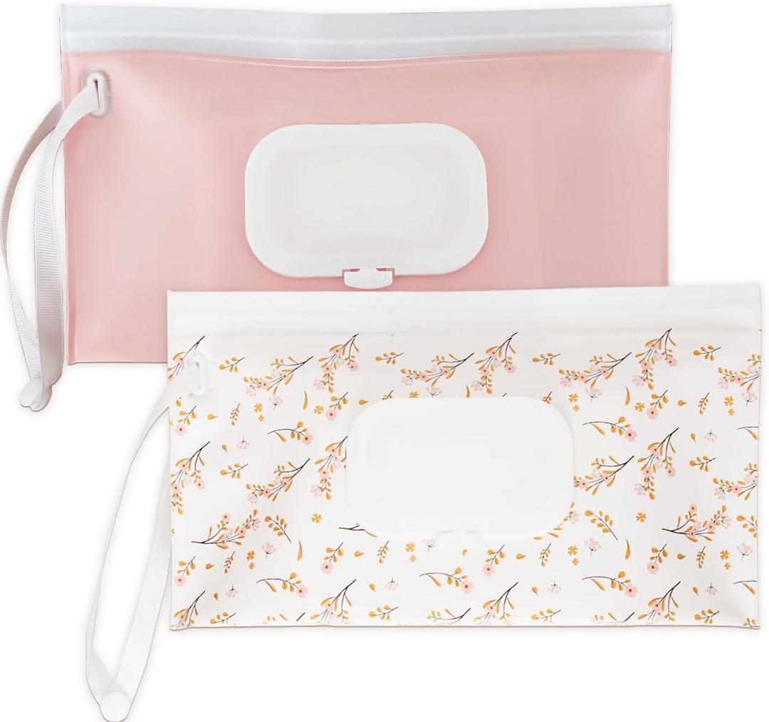 Wipe Dispenser and Wipes Container, 2 Pack Reusable Wipes Holder and Travel Wipes Case, Refillable Pouch for Baby Essentials, Pink & Leaf Design (pink)