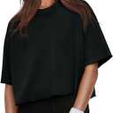 XIEERDUO Cotton Tshirts for Women Drop Shoulder Round Neck Oversized Crop Tops Workout Tops Tees (Black, 2XL)