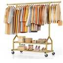 Heavy Duty Clothes Rack Load 556 LBS, Rolling Clothing Rack With Shelves, Height Adjustable Metal Clothes Hanger with Wheels Portable Wardrobe Organizer Garment Rod for Hanging Clothes (Gold)