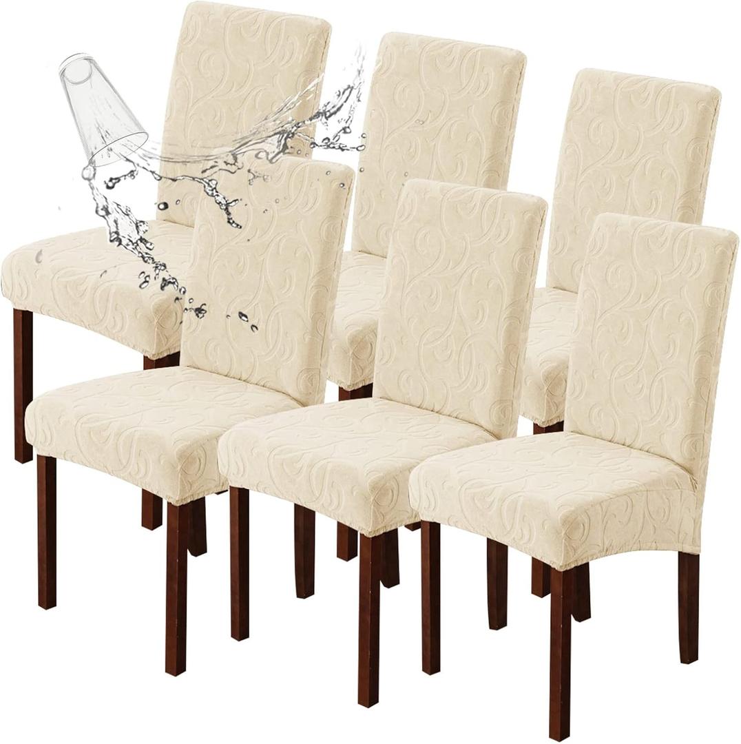 Genina Waterproof Dining Room Chair Covers Stretch Parsons Chair Slipcovers for Dining Room Kitchen Chair Protector Cover, Removable, Washable (6, Flower Pattern-Beige) (Regular-6 Pack)