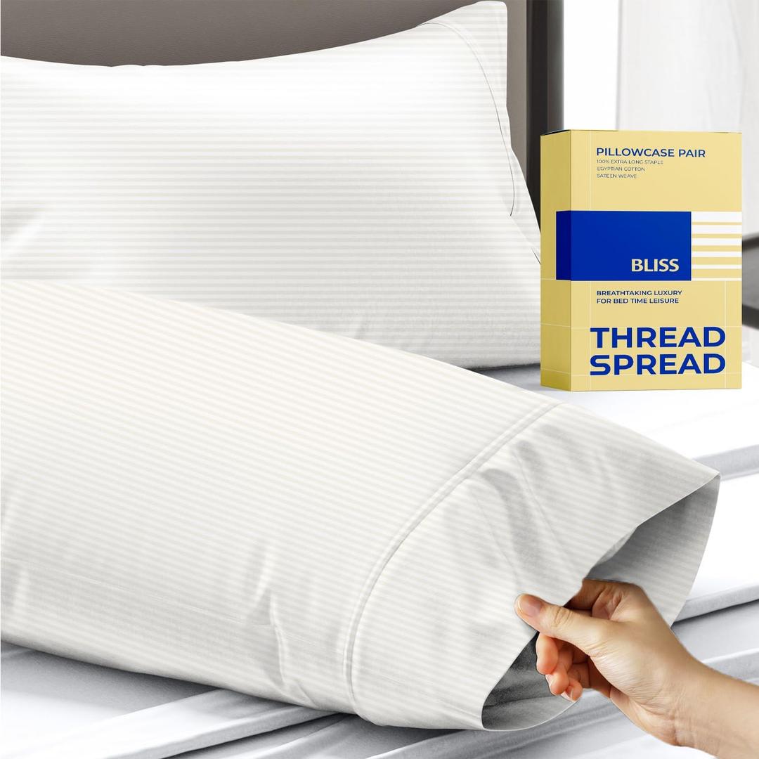 Thread Spread 100% Egyptian Cotton Pillow Cases Queen Size Set of 2 - Luxury 600 Series Bliss Collection Queen Pillow Cases (Ivory Stripe), Soft Cooling Hotel Cotton Pillowcases, Sateen Finish