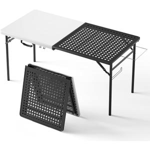 Grill Table, Portable Camping Table for Cooking & BBQ Grill, 2-in-1 Metal&Solid Surface Grill Table Foldable for Party Cooking, Backyard, Patio Use,(Black and White)